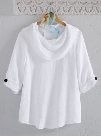 Women Casual Daily Cowl Neckline Half sleeve Buttons Plain Linen Tunic Top