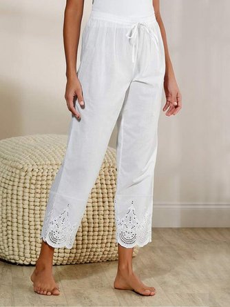Women Solid Basic Drawstring Waist Casual Plain Lace White Ankle Pants