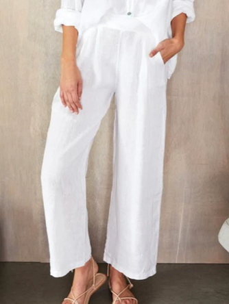 Casual Loose Elastic Waist White Pockets Linen Pants Wide Leg Pants Trousers