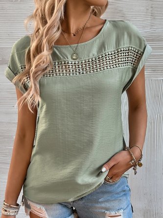 Women Casual Plain Hollow Out Lace Crew Neck Daily Short Sleeve T-shirt