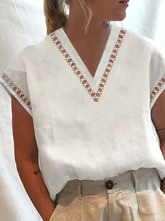 Women Summer V Neck Hollow Out Lace White Cotton And Linen Top