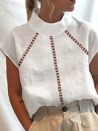 Women  Turtleneck White Hollow Out Lace Short Sleeve Cotton And Linen Top