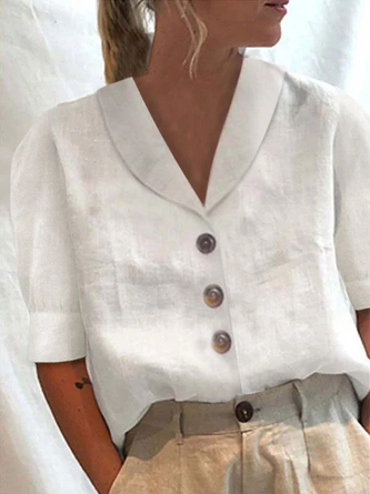 Women Plain Elegant Button Down Collar Loose Short Sleeve Cotton Linen Blouse
