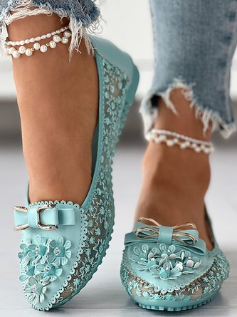 Elegant Applique Bowknot Decor Lace Split Joint Flat Shoes