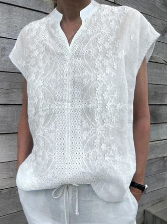 Women White Floral Lace V Neck Loose Cotton And Linen Tunic Top