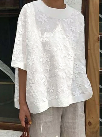 Women Elegant Plain Lace Floral Crew Neck Half Sleeve Cotton Linen Tunic Top