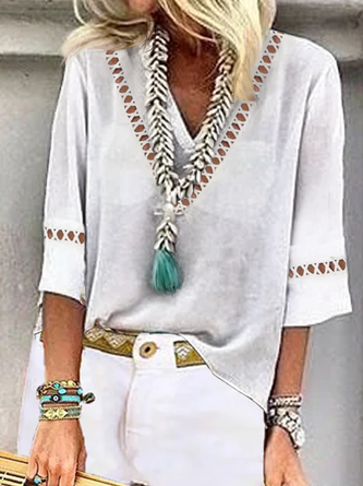 Women Plain Hollow Out Lace V Neck Cotton And Linen Half sleeve Blouse