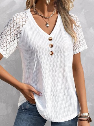 Women Elegant V Neck Button Hollow Out Lace Plain Short Sleeve Tunic Top