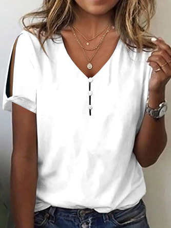 Plain V Neck Buckle Simple T-Shirt