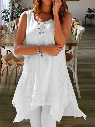 Loose Lace Floral Asymmetrical Hem Button	Crew Neck Linen Sleeveless Tunic Top