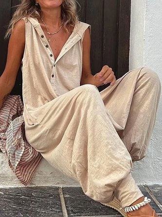 Loose Jersey Plain Casual Hoodie Jumpsuit