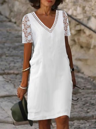Women Elegant V Neck Hollow Out Mesh Floral Lace Short Sleeve Dress