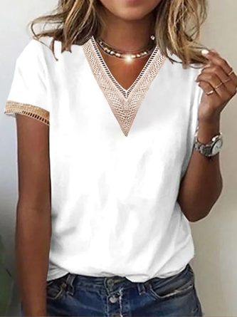 Women Daily Hollow Out Lace V Neck White Short Sleeve Summer T-shirt