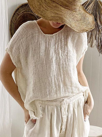 Women Casual White Crew Neck Linen Breathable Short Sleeve Summer T-shirt