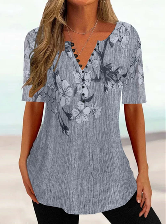 Women Casual Floral V Neck Button Short Sleeve Tunic Top