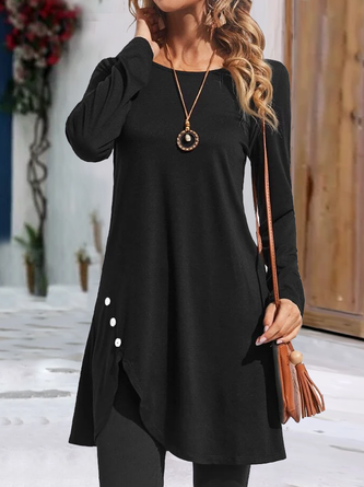 Loose Crew Neck Buttoned Long Sleeve Tunic