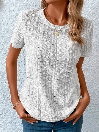 Loose Casual Crew Neck Solid Eyelet Embroidery Round Neck Summer T-shirt
