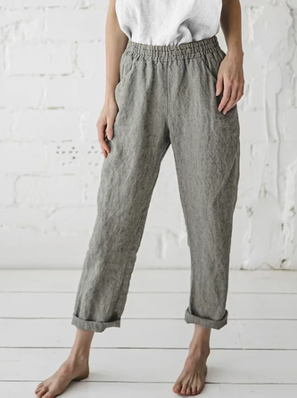 Casual Gray Linen Pants Elastic Waisted Straight Trousers with Pockets