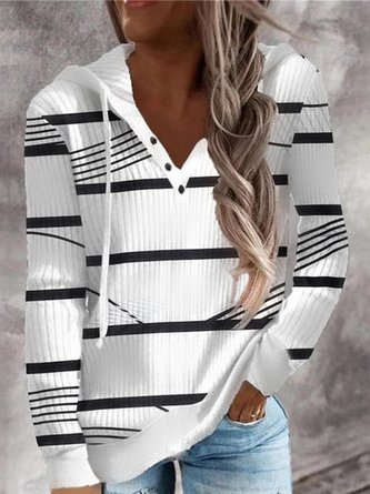 Women Striped Casual Color Block Basic Button Drawstring Hoodie