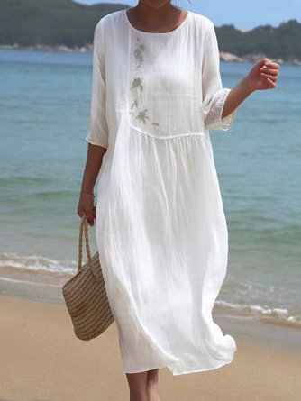 Women Floral Casual Crew Neck Plain Three Quarter Sleeve Vacation Dress
