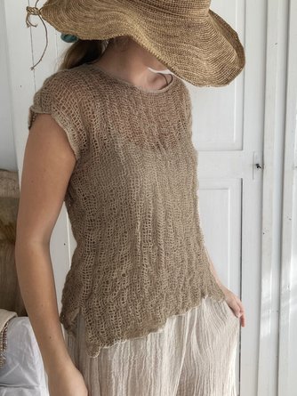 Women Casual Crew Neck Khaki Linen Breathable Short Sleeve Summer T-shirt