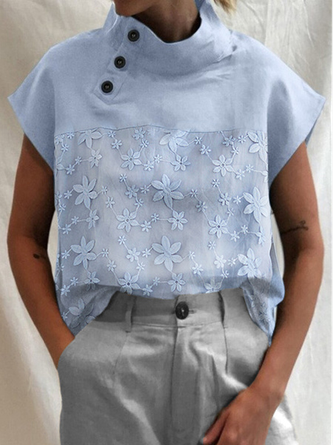 Loose Casual Crew Neck Lace Plain Shirt