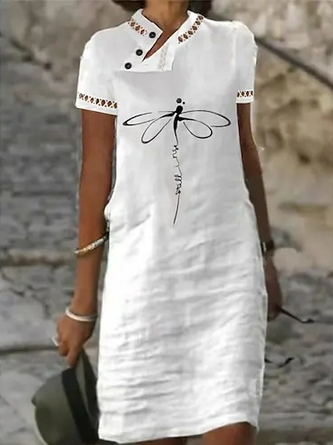 Linen Cotton Loose Text Letters Dress