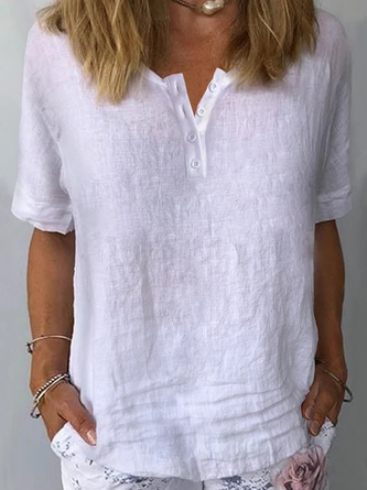 Women Plain Button Loose Short Sleeve Summer T-shirt