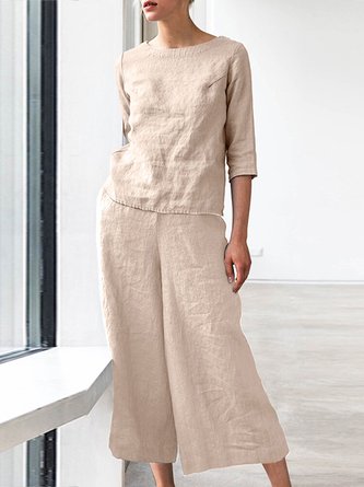 Linen Cotton And Linen Plain Crew Neck Two-Piece Set
