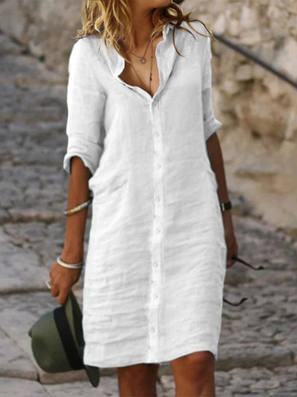 Women Casual Loose Half Sleeve Button Down Shirt Collar White Cotton and Linen Shirt Dress