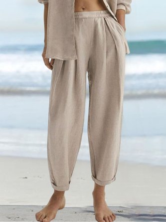 Women Casual Loose Elastic Waist Pockets Khaki Cotton And Linen Pants