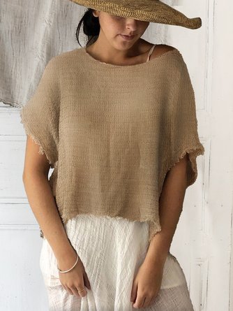 Women Casual Khaki Crew Neck Linen Breathable Short Sleeve Summer T-shirt