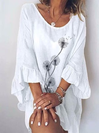 Women Dandelion Loose Ruffle Hem Half Sleeve Cotton And Linen White Dress