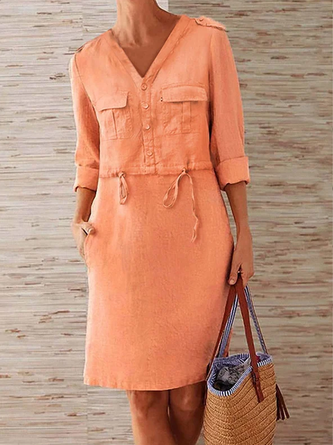  Women Loose Button Pockets V Neck Drawstring Wasit Cotton and Linen Dress