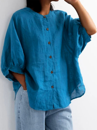 Women Solid Button Down Lantern Sleeve Retro Loose Half Sleeve Blouse