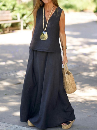 Cotton And Linen Linen Plain Two-Piece Set