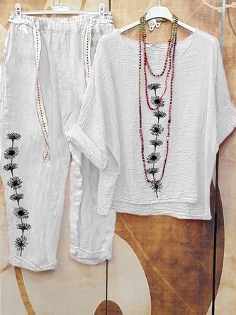 Crew Neck Cotton And Linen Floral Linen Two-Piece Set