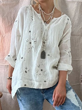 Women Casual Floral Loose V Neck Linen Long sleeve Blouse