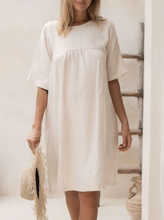 Crew Neck Plain Linen Cotton And Linen Dress