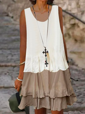 Color Block Summer Ruffle Hem Crew Neck Cotton and Linen Sleeveless Tank Dress