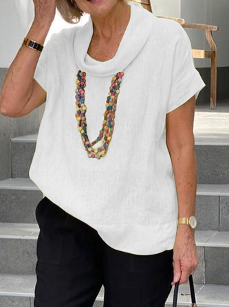 Women Loose Plain Summer Cowl Neck Short Sleeve Cotton And Linen Tunic Top