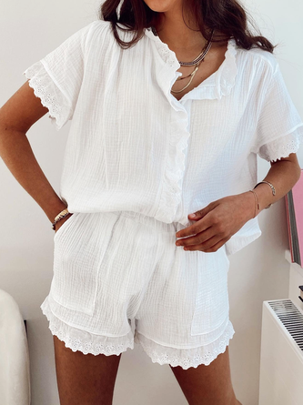 Stand Collar Loose Ruffle Cotton And Linen Two-Piece Set