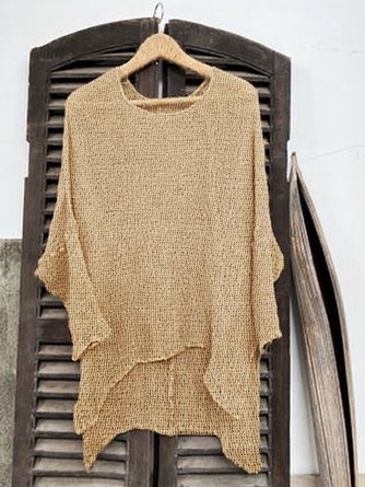 Women Khaki Summer Half sleeve Crew Neck Cotton And Linen Loose Tunic Top