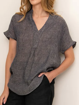 Linen Cotton Plain V Neck Shirt