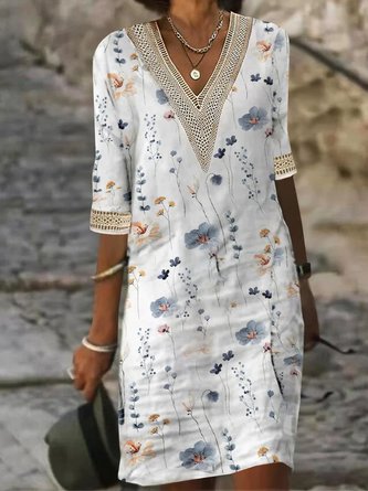 Women Elegant Floral V Neck Hollow Out Lace Half Sleeve Dress