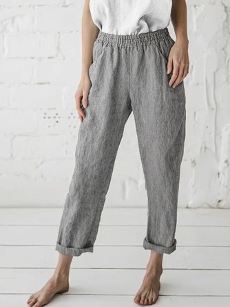 Casual Gray Linen Pants Elastic Waisted Straight Trousers with Pockets