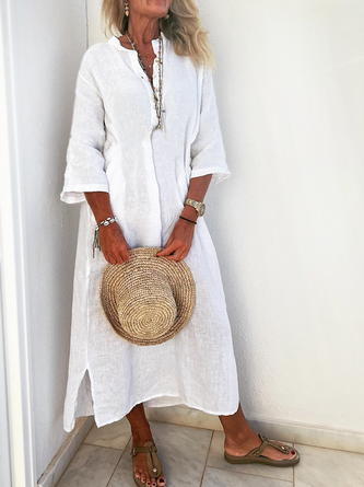 Women Casual 3/4 Sleeve Side Split Button Down Loose Cotton and Linen Shirt Dress