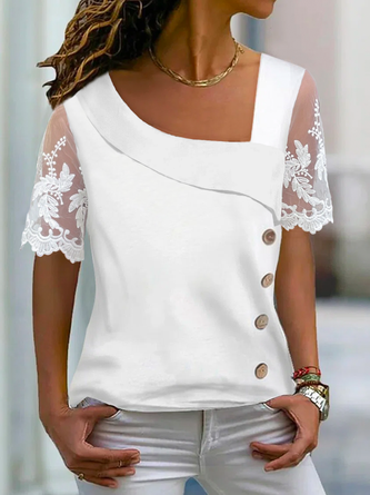 Women Casual Asymmetrical Neck Buttoned Mesh Floral Lace Short Sleeve T-shirt