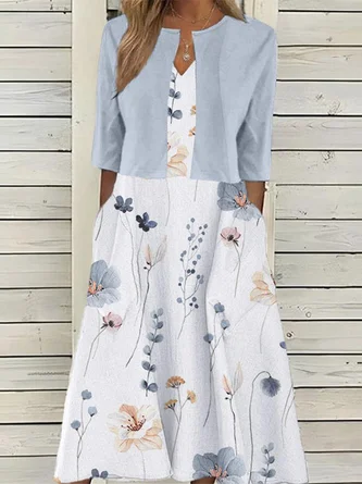Elegant Two Pieces V Neck Floral Pockets Sleeveless Midi Dress With Open Front Jacket
