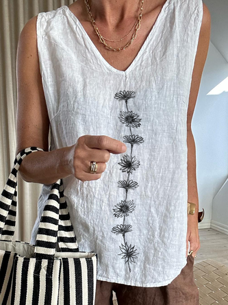 Women Daisy Floral V Neck Loose Summer Sleeveless Tank Top
